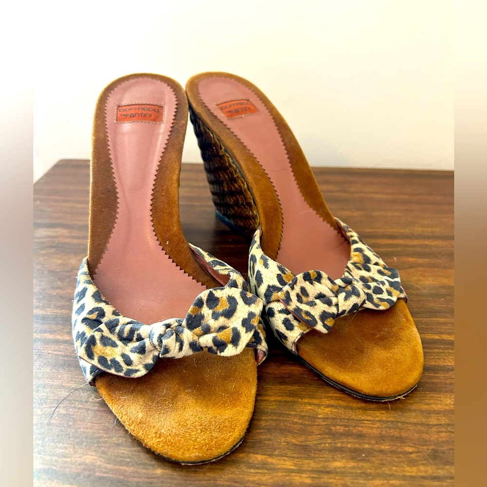 Geoffredo Fantini Italian Leopard Print Bow Suede Sandal Wedges size 39
